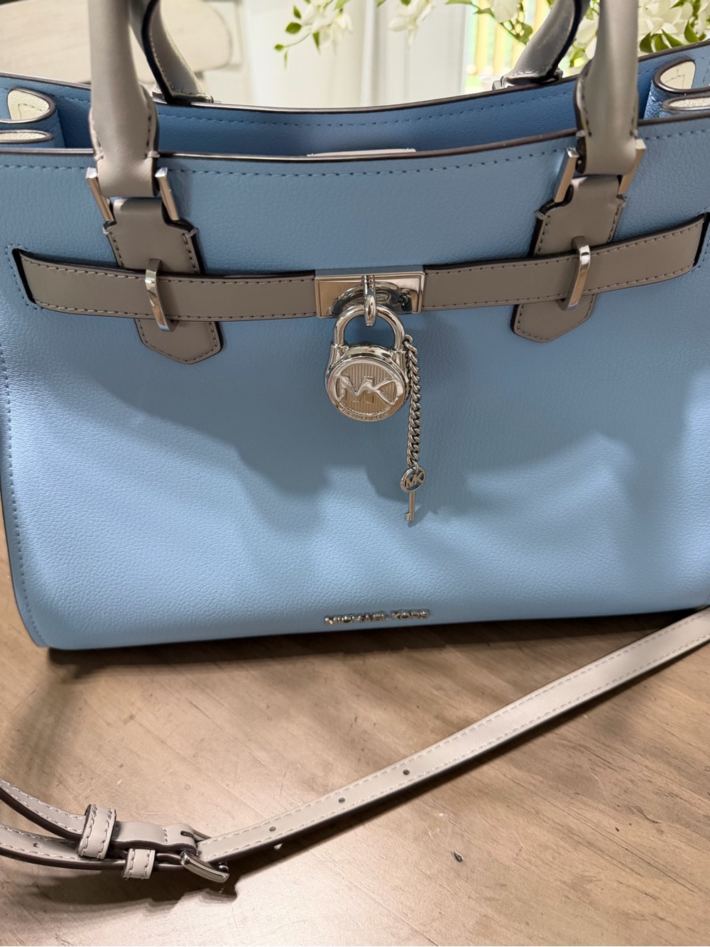Michael Kors Hamilton Satchel & Matching Wallet Blue Gray Leather Crossbody Set